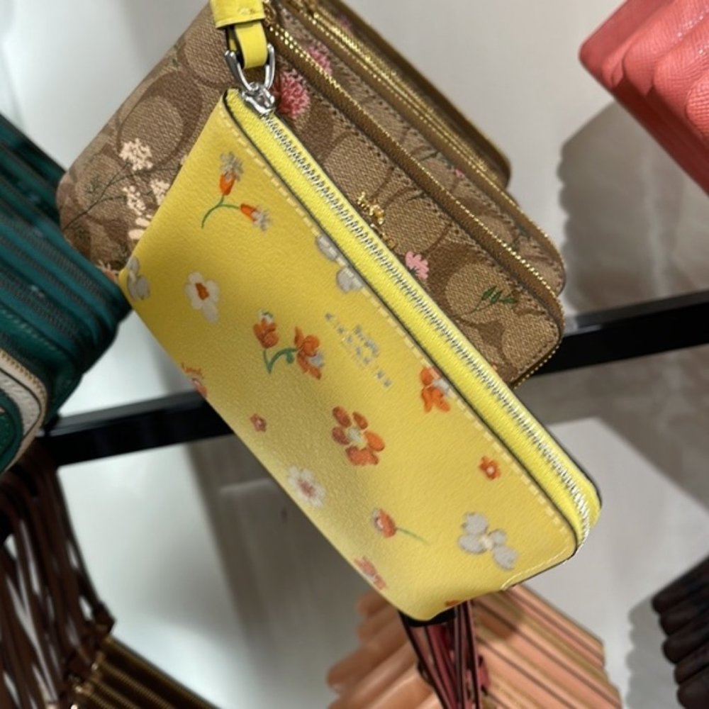 Coach Corner Zip Wristlet With Mystical Floral Print Silver/Yellow Multi Color: - Picture 5 of 7